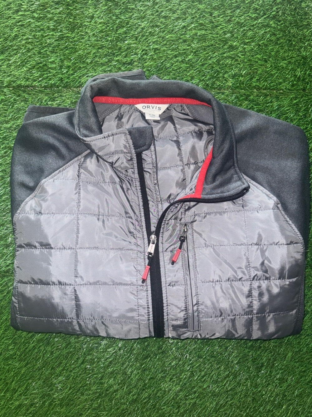 Orvis Gray and Black Quilted Hybrid Jacket with Red Trim